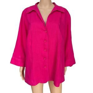 Kim Rogers 100% linen hot pink fuchsia button-up blouse pintuck size 2X